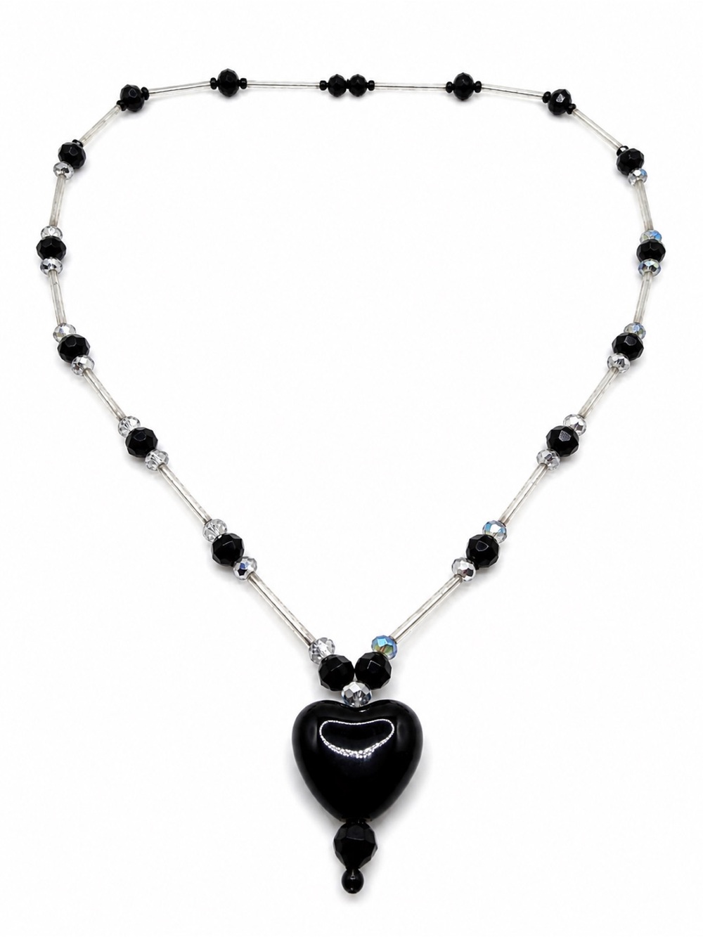 Hand Crafted Black Heart Pendant Necklace with Silver Accents